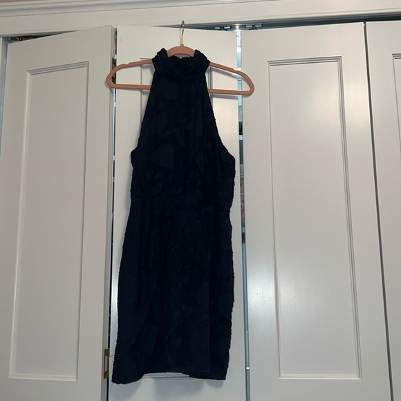 Lulus Chic Demeanor Navy Blue Floral Jacquard Halter Mini Dress - Picture 4 of 6